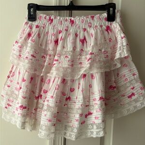 Loveshackfancy Bow and Kiss Print Ruffle Mini Skirt